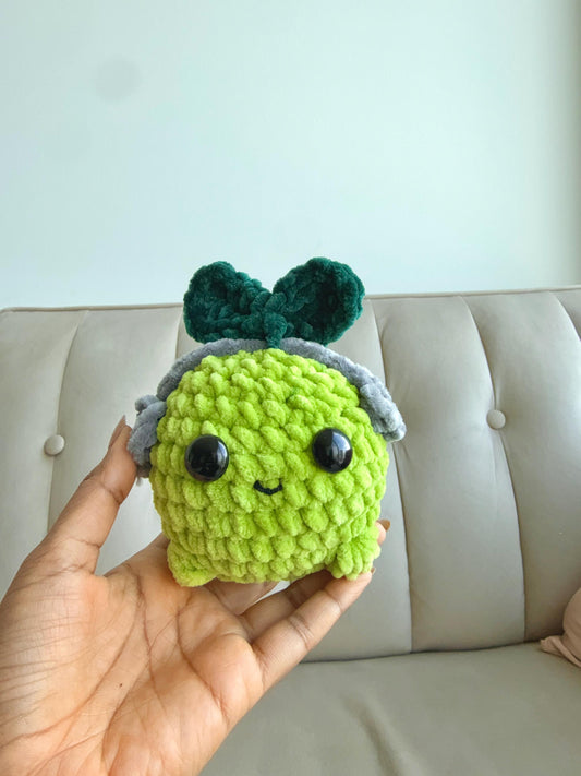 Crochet Lime Plushie with Headphones, Handmade Desk Buddy