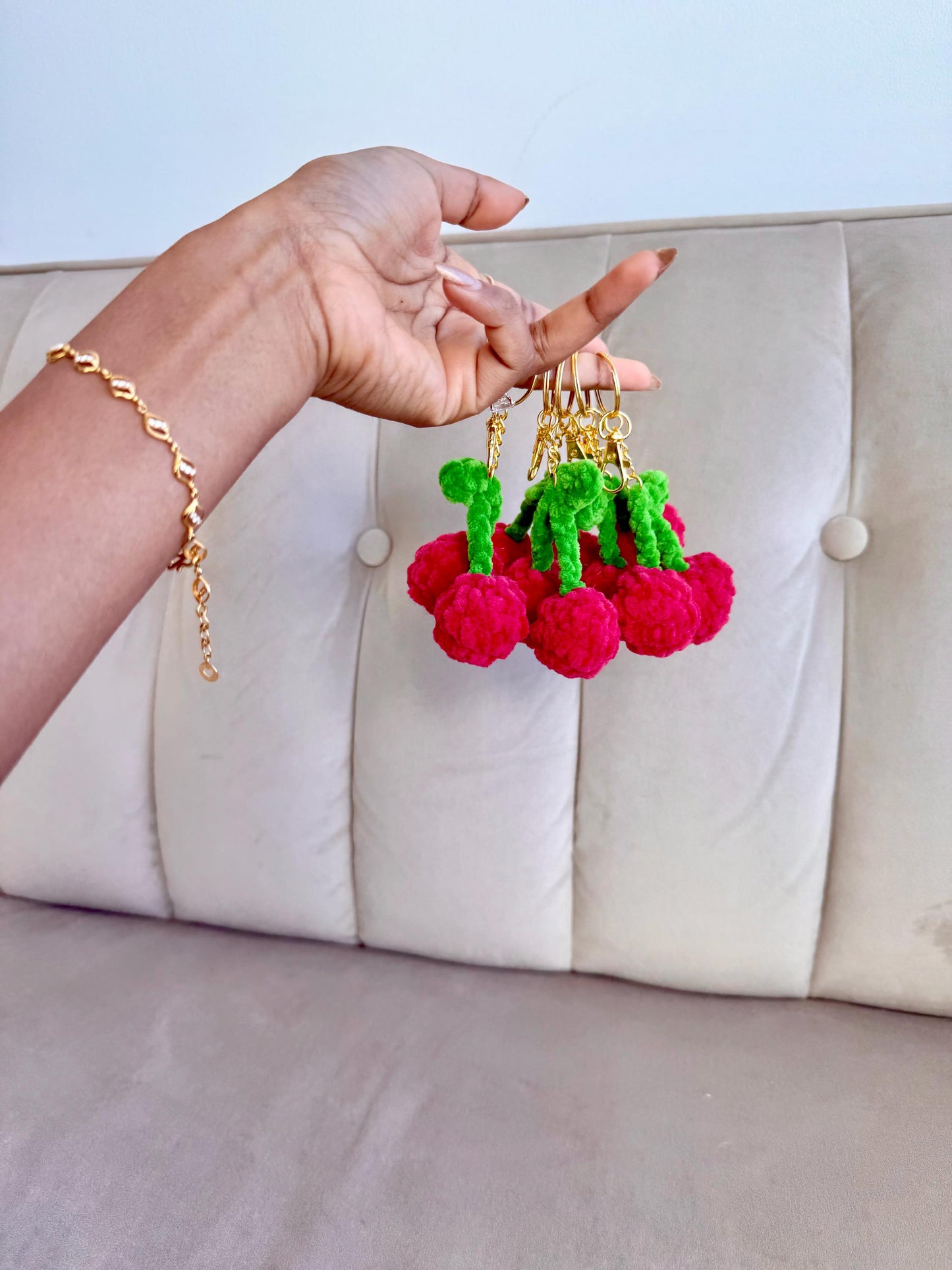 Crochet Cherry Bag Charm, Plush Cherry Keychain, Handmade Amigurumi Fruit, Kawaii Accessory