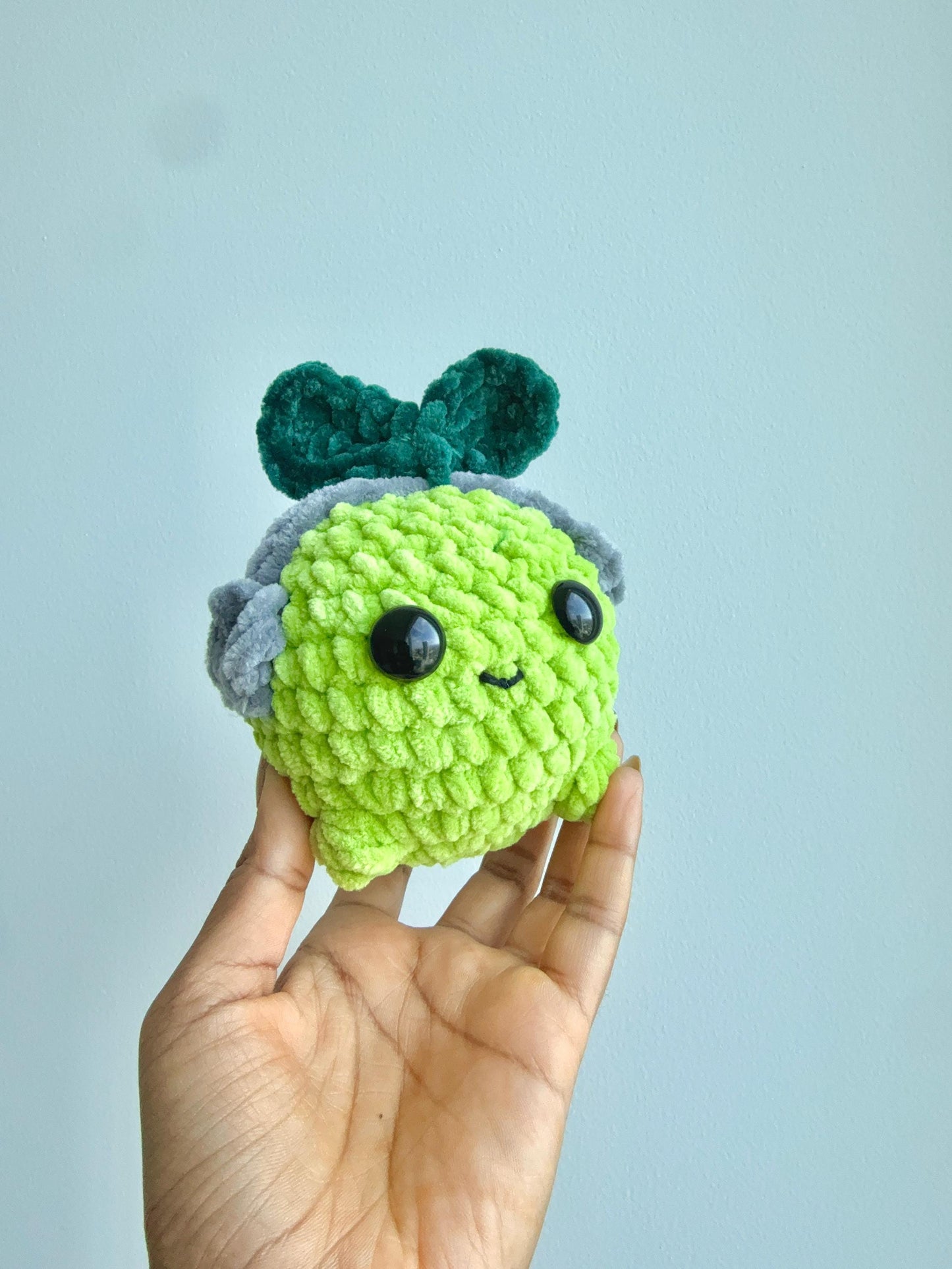 Crochet Lime Plushie with Headphones, Handmade Desk Buddy