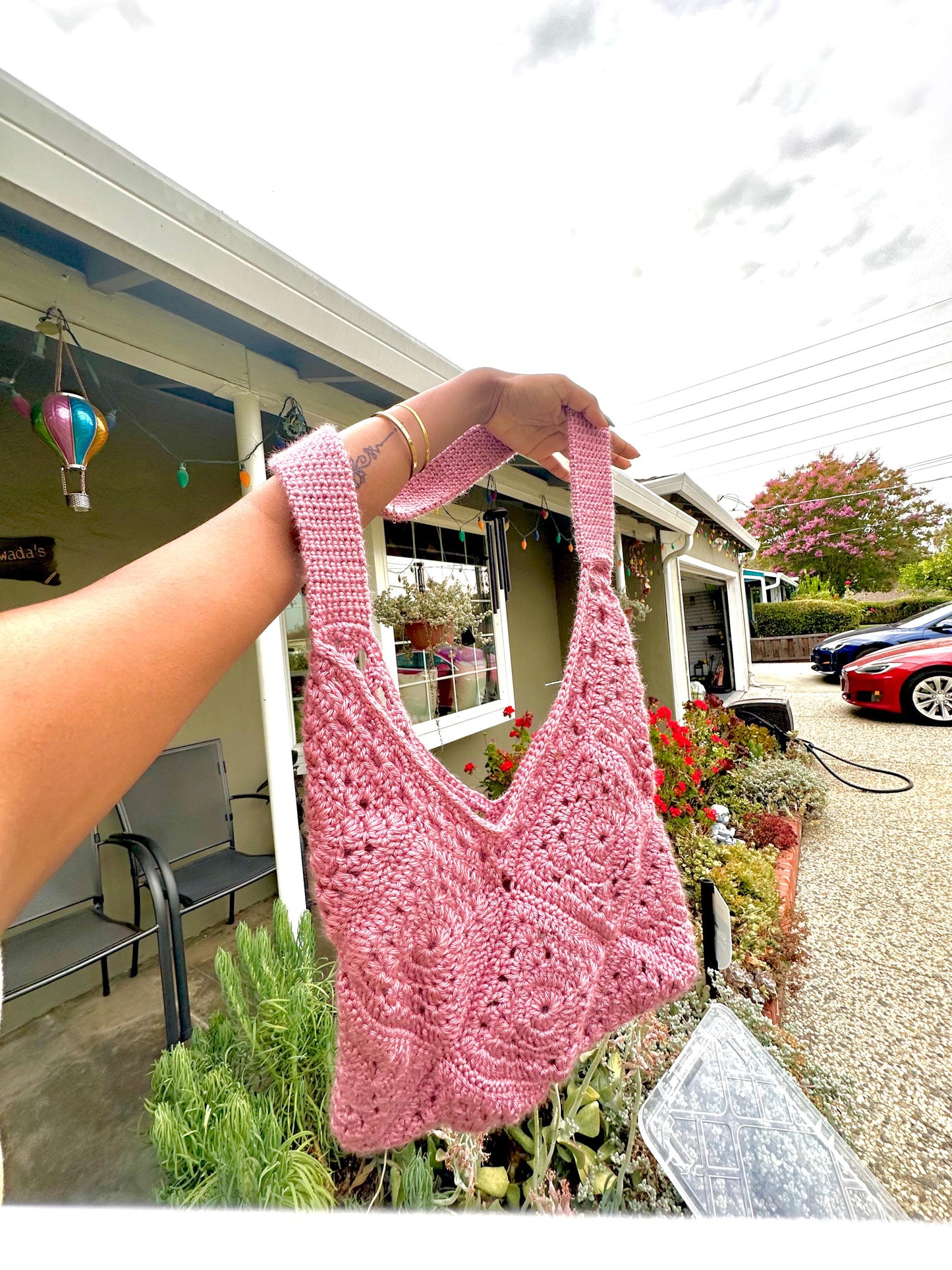 Pink Crochet Tote Bag, Strong Straps
