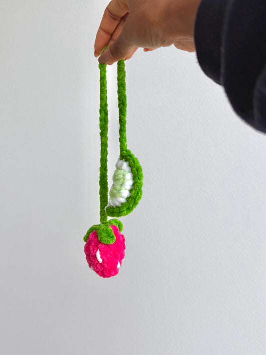 Strawberry Lime Car Hanger, Crochet Fruit Car Charm, Handmade Rearview Mirror Decor, Plushie