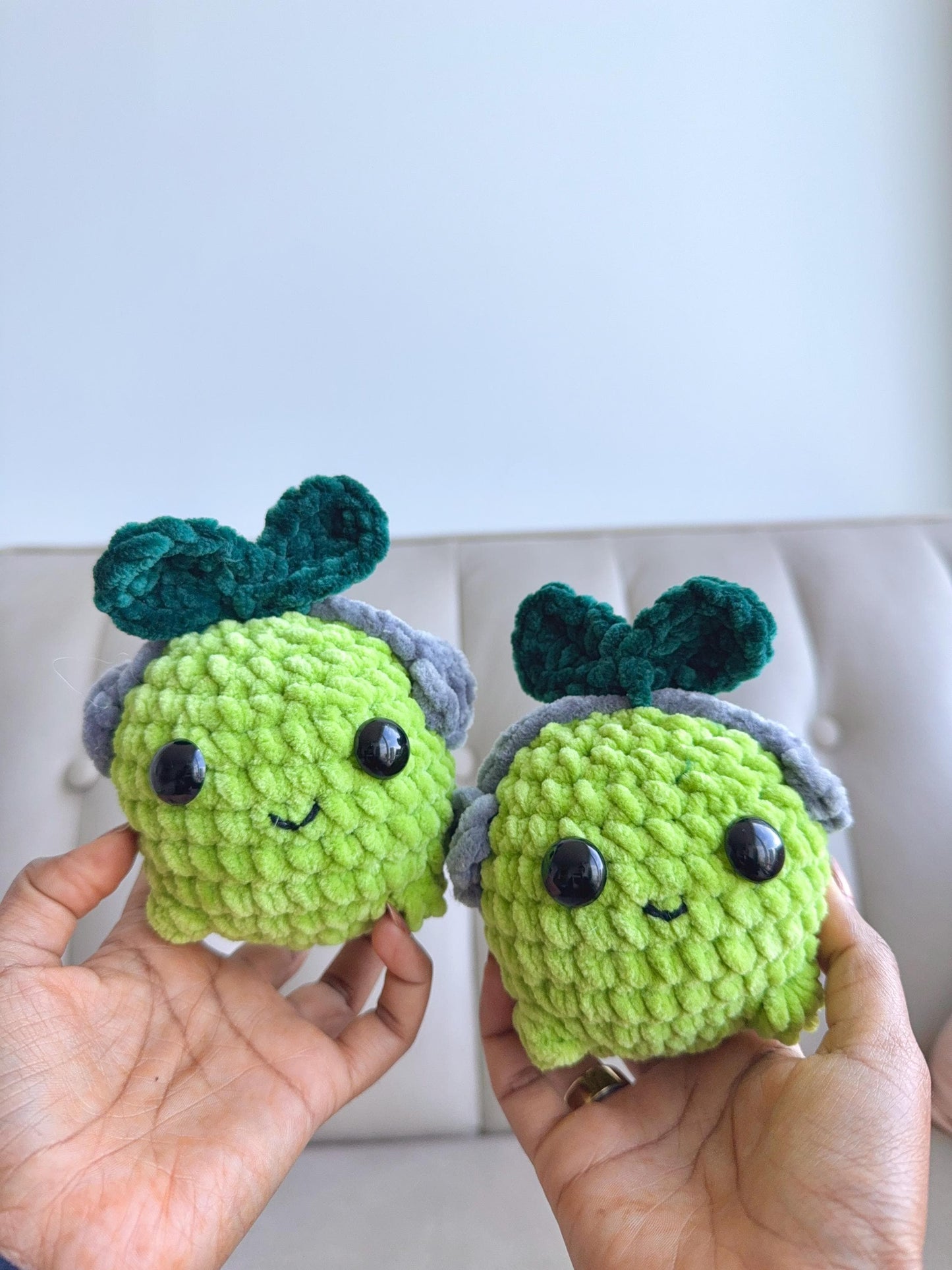 Crochet Lime Plushie with Headphones, Handmade Desk Buddy