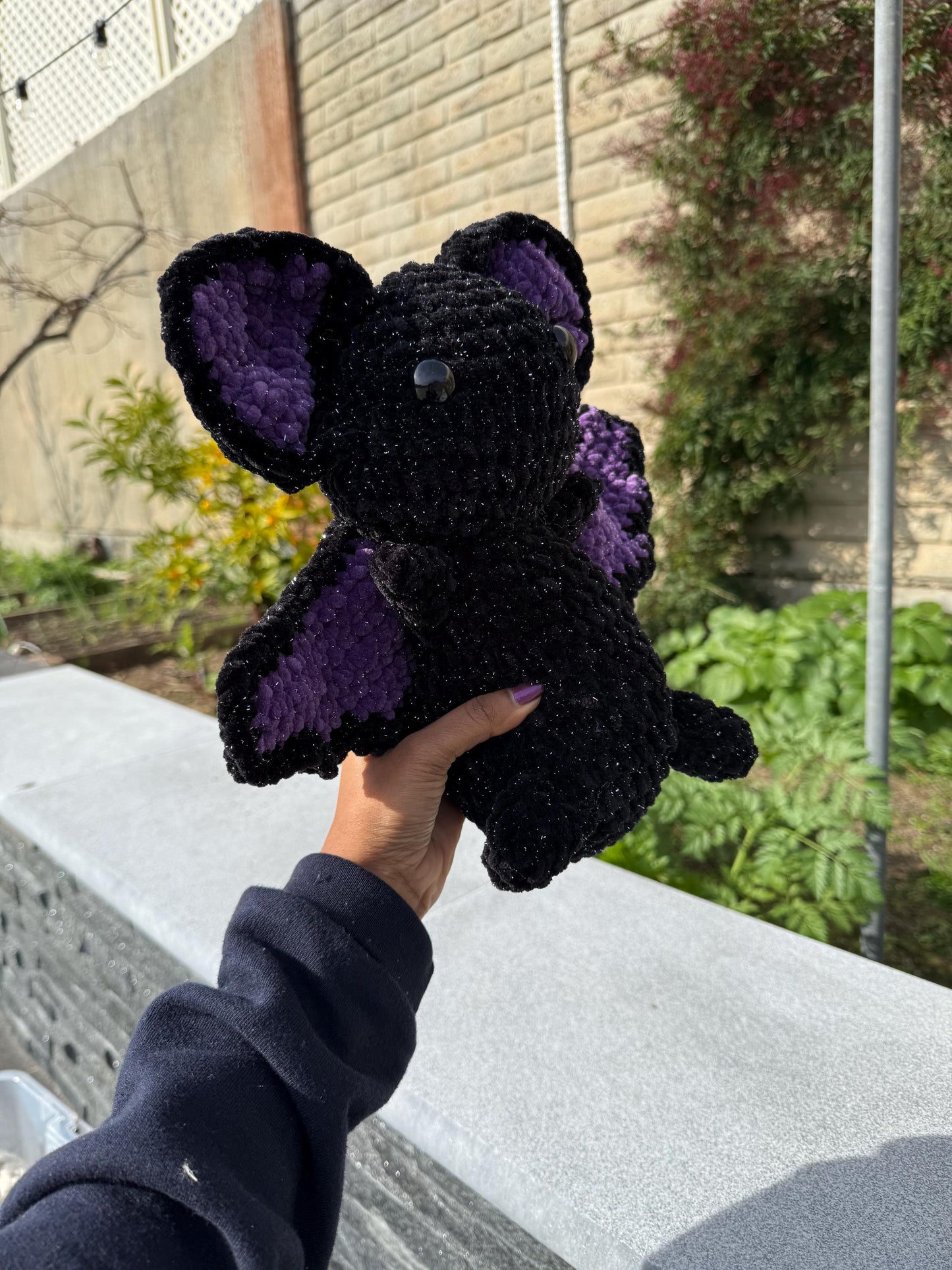 Sparkly Black and Purple Bat Amigurumi, Large Plushie Decor