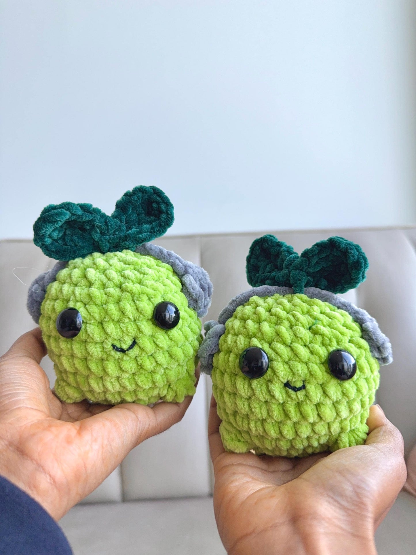 Crochet Lime Plushie with Headphones, Handmade Desk Buddy