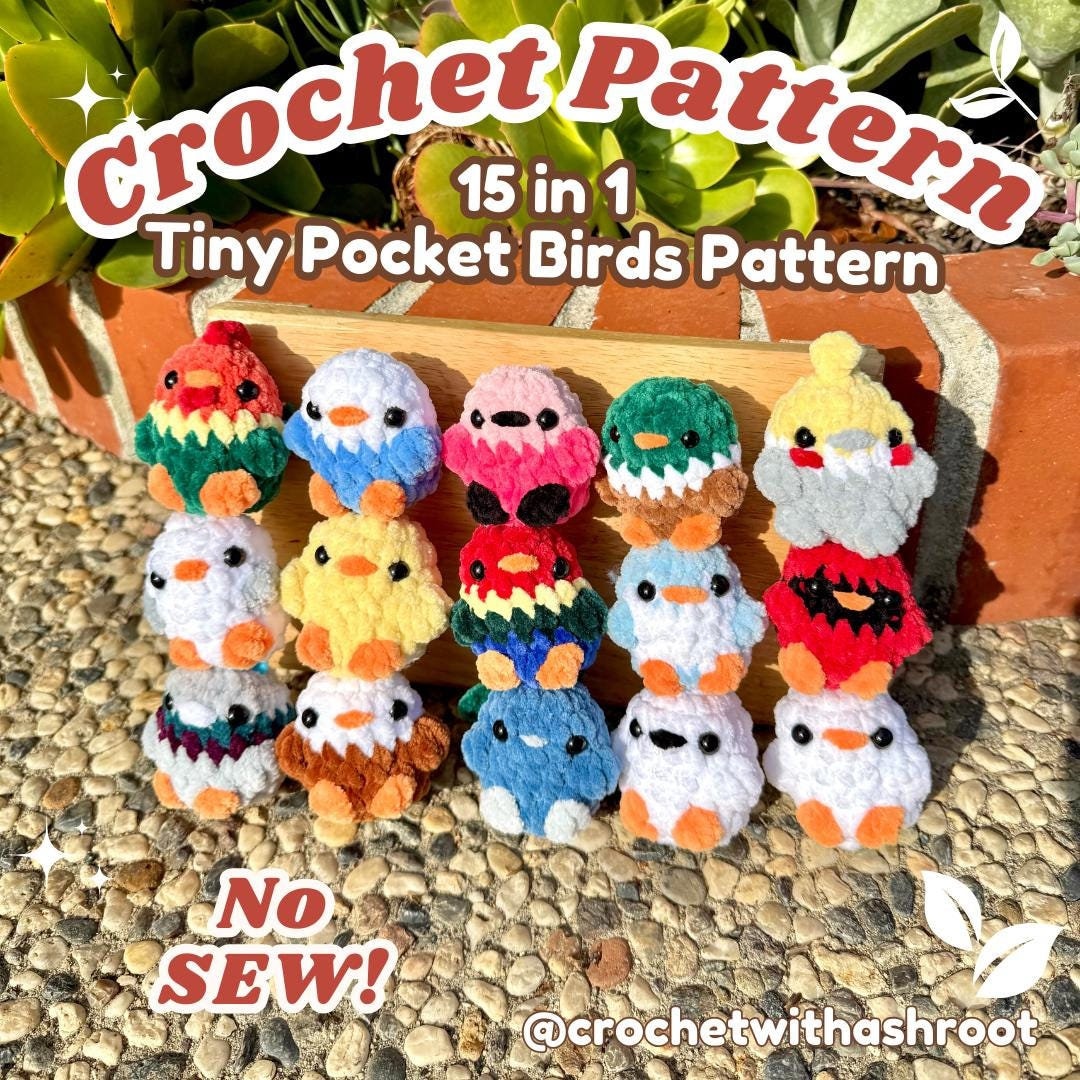 Tiny Pocket Bird Crochet Pattern, 15 in 1 No Sew Amigurumi (PDF Pattern)