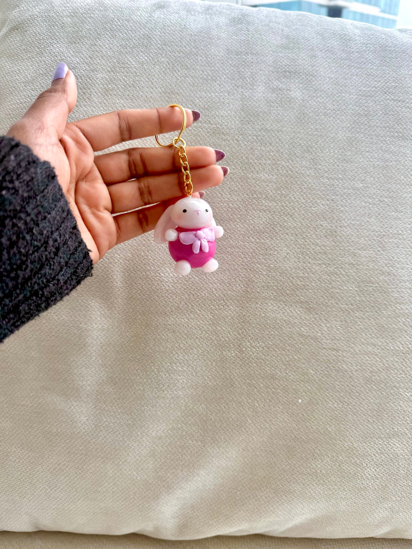 Sitting Bunny Charm, Chonky Kawaii Rabbit Bag Charm with Bow, Polymer Clay Keychain, Cute Handmade Gift, PREORDER