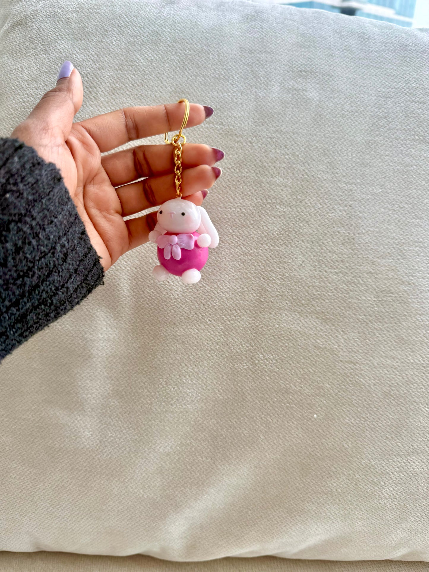 Sitting Bunny Charm, Chonky Kawaii Rabbit Bag Charm with Bow, Polymer Clay Keychain, Cute Handmade Gift, PREORDER