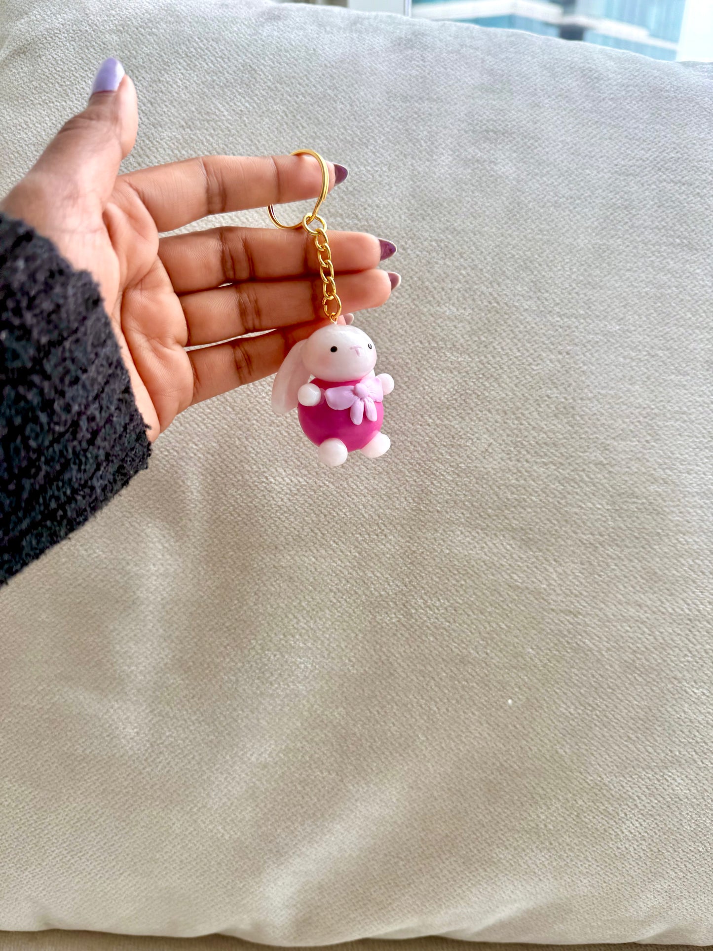 Sitting Bunny Charm, Chonky Kawaii Rabbit Bag Charm with Bow, Polymer Clay Keychain, Cute Handmade Gift, PREORDER