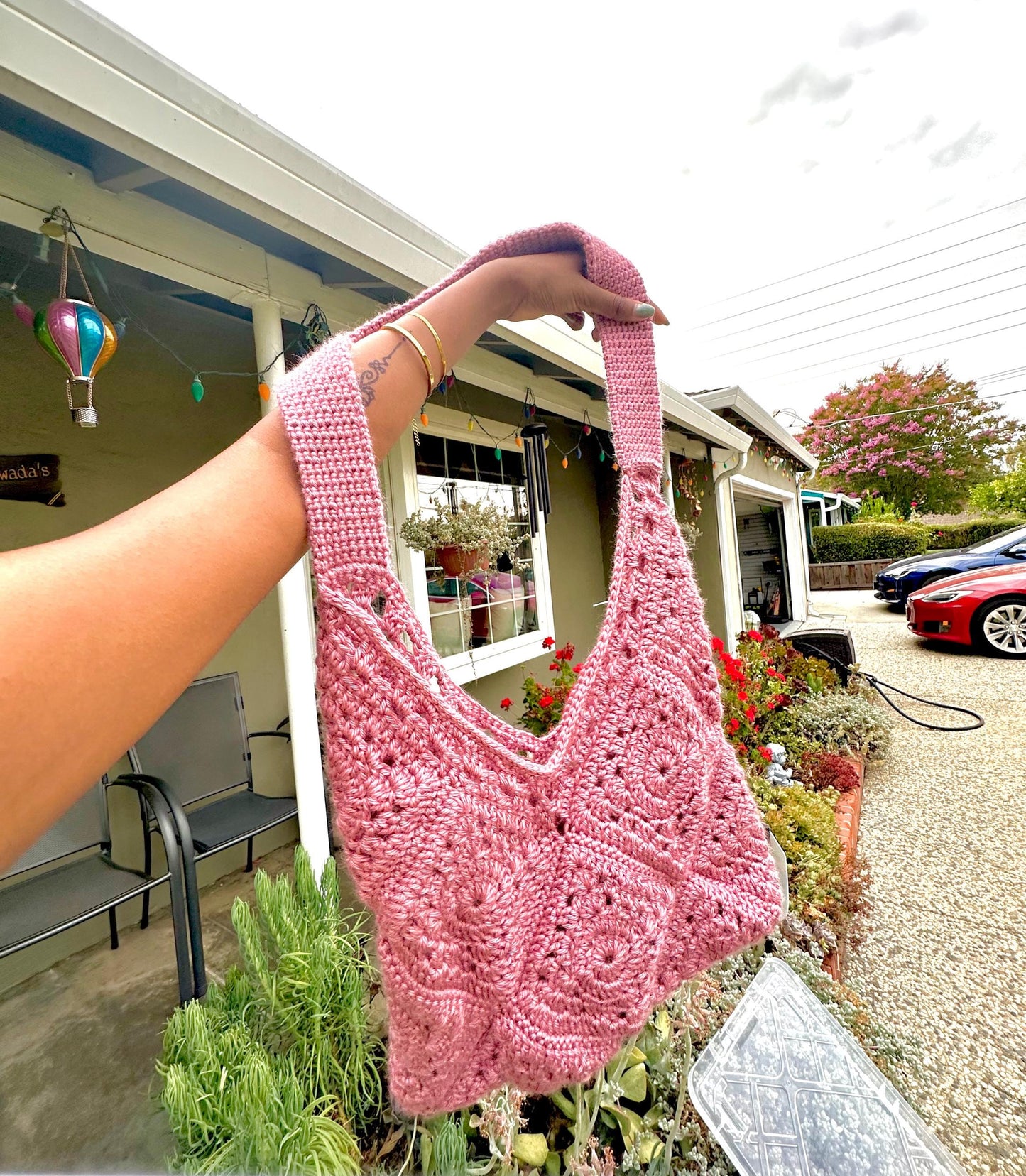 Pink Crochet Tote Bag, Strong Straps