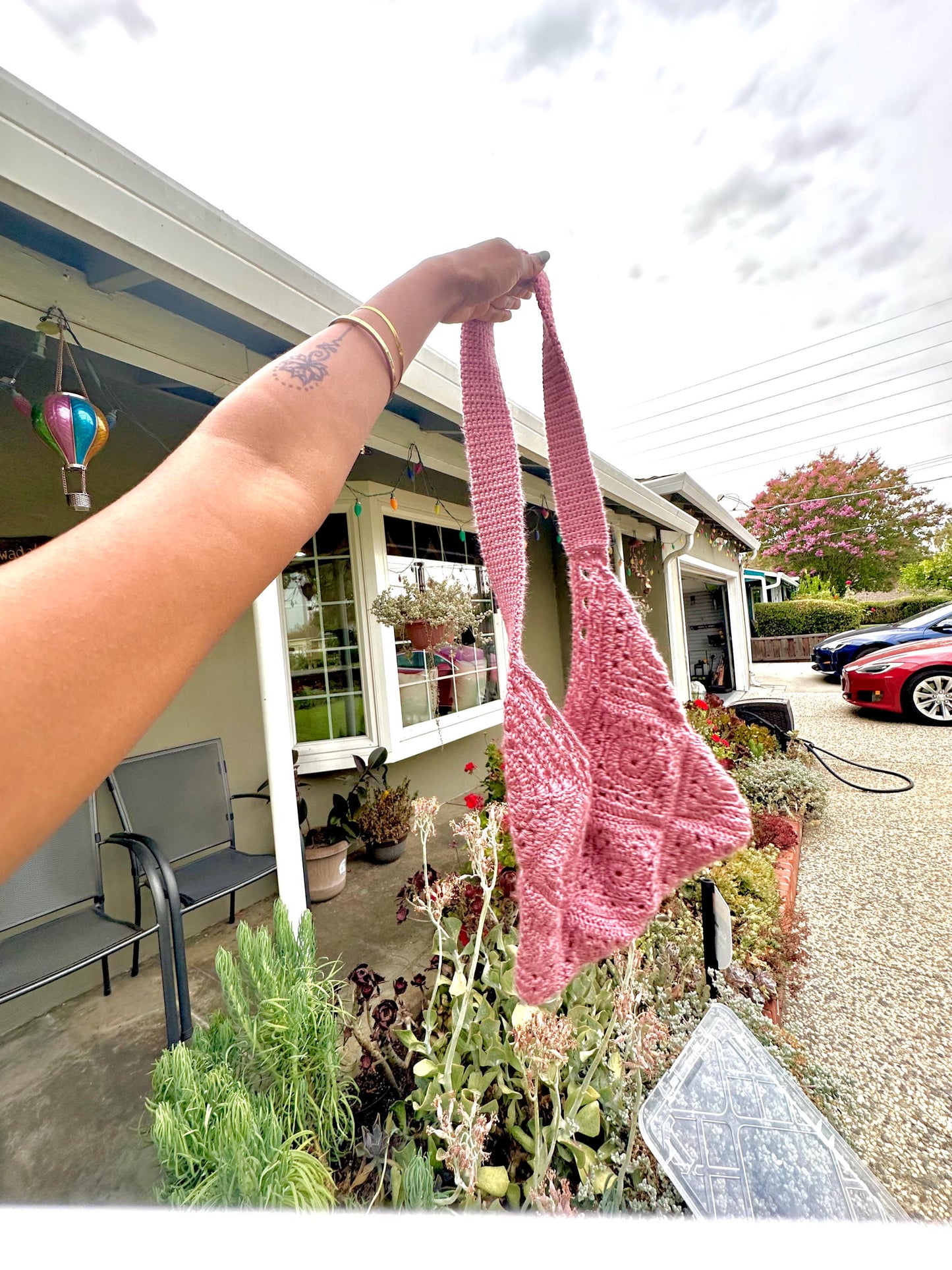 Pink Crochet Tote Bag, Strong Straps