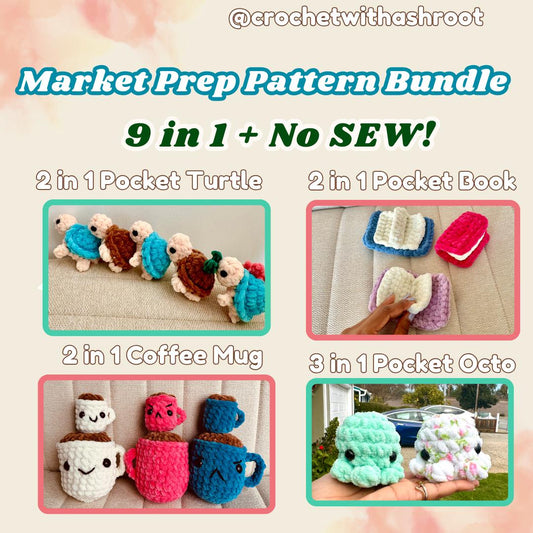 Market Prep Crochet Pattern Bundle – No-Sew Pocket Turtles, Octos, Books, Mugs (PDF Pattern)
